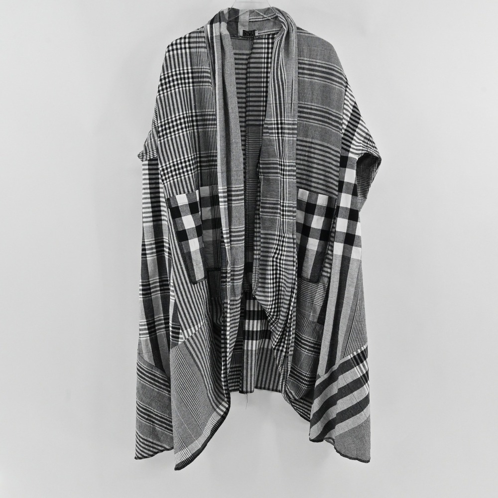 AQRL‎ Plaid Patchwork Cardigan Womens Size OS Black White Linen Lagenlook Italy